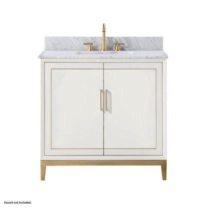 Bemma Design Gracie 36" Satin White Solid Wood Freestanding Bathroom Vanity With Single 3-Hole Italian Carra Marble Vanity Top, Rectangle Undermount Sink, Backsplash and Satin Brass Trim