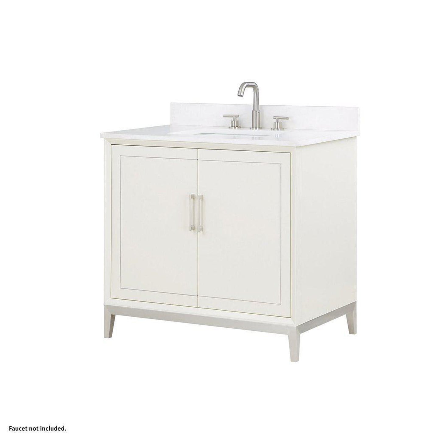 Bemma Design Gracie 36" Satin White Solid Wood Freestanding Bathroom Vanity With Single 3-Hole White Quartz Vanity Top, Rectangle Undermount Sink, Backsplash and Brushed Nickel Trim