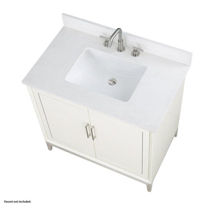 Bemma Design Gracie 36" Satin White Solid Wood Freestanding Bathroom Vanity With Single 3-Hole White Quartz Vanity Top, Rectangle Undermount Sink, Backsplash and Brushed Nickel Trim