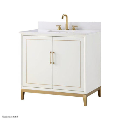 Bemma Design Gracie 36" Satin White Solid Wood Freestanding Bathroom Vanity With Single 3-Hole White Quartz Vanity Top, Rectangle Undermount Sink, Backsplash and Satin Brass Trim