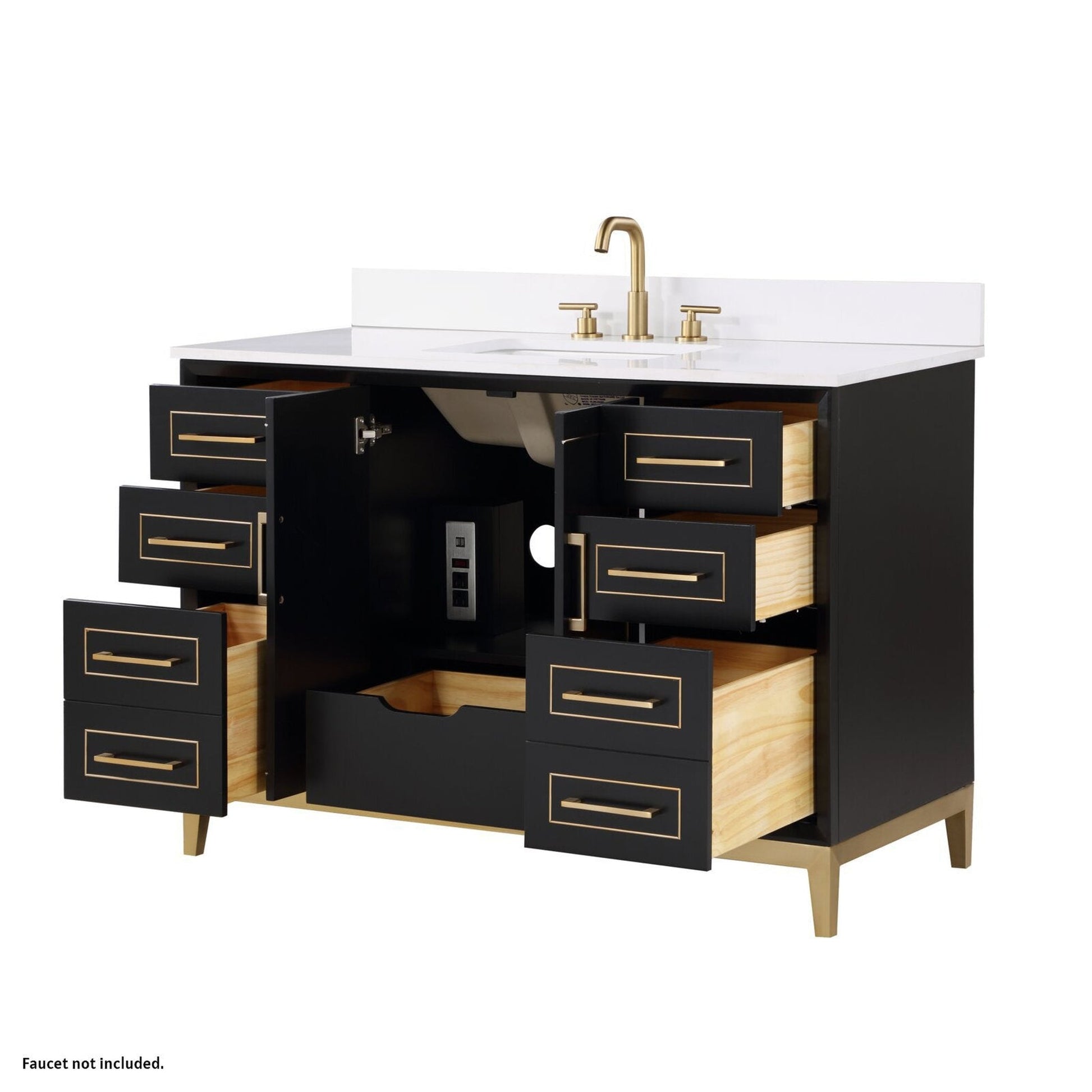 Bemma Design Gracie 48" Midnight Black Solid Wood Freestanding Bathroom Vanity With Single 3-Hole White Quartz Vanity Top, Rectangle Undermount Sink, Backsplash and Satin Brass Trim