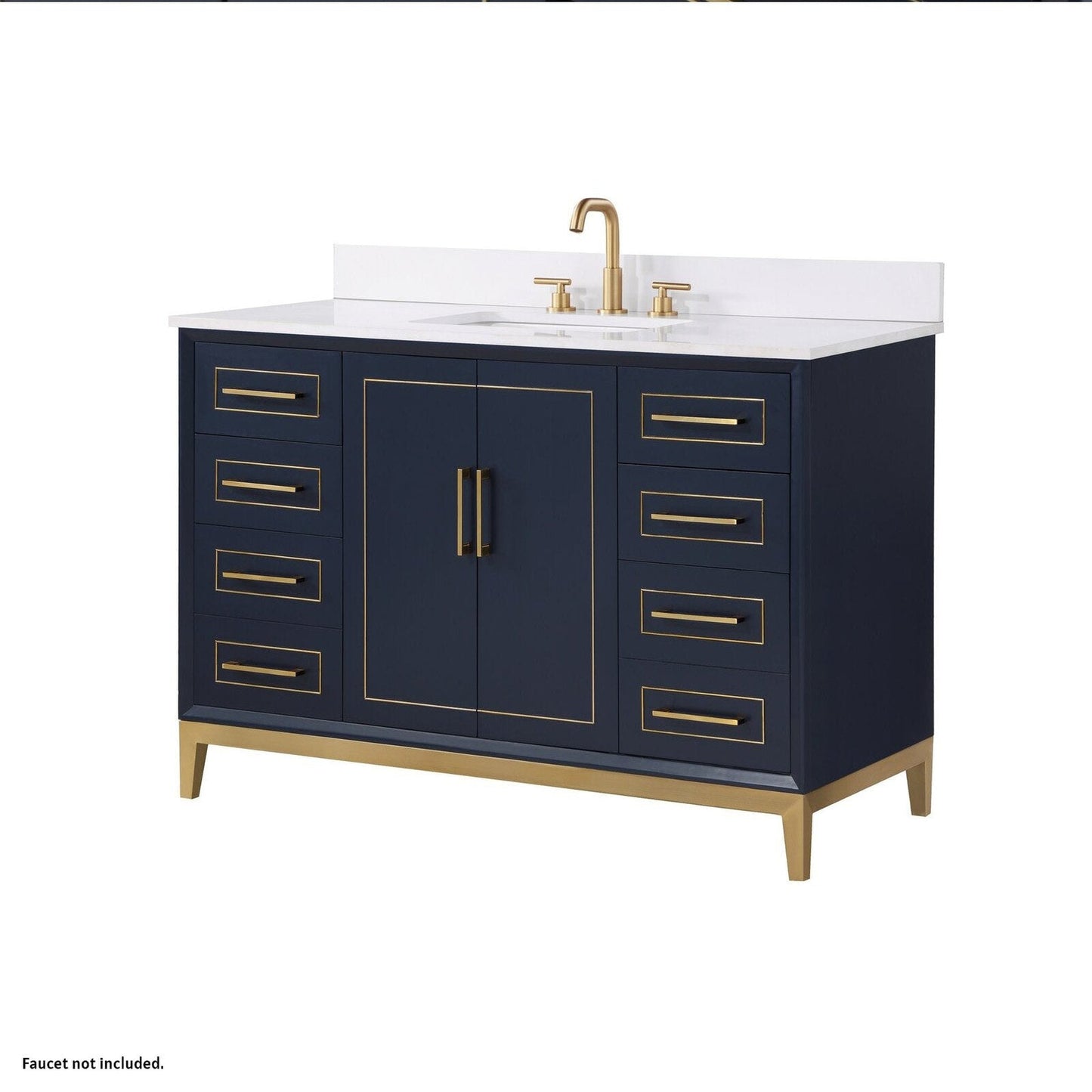 Bemma Design Gracie 48" Pacific Blue Solid Wood Freestanding Bathroom Vanity With Single 3-Hole White Quartz Vanity Top, Rectangle Undermount Sink, Backsplash and Satin Brass Trim