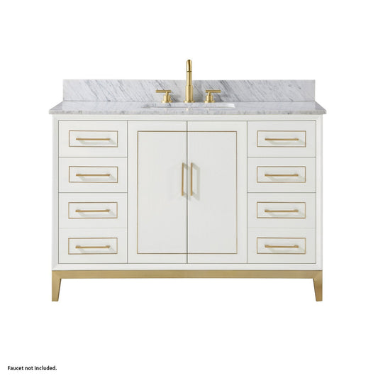 Bemma Design Gracie 48" Satin White Solid Wood Freestanding Bathroom Vanity With Single 3-Hole Italian Carra Marble Vanity Top, Rectangle Undermount Sink, Backsplash and Satin Brass Trim