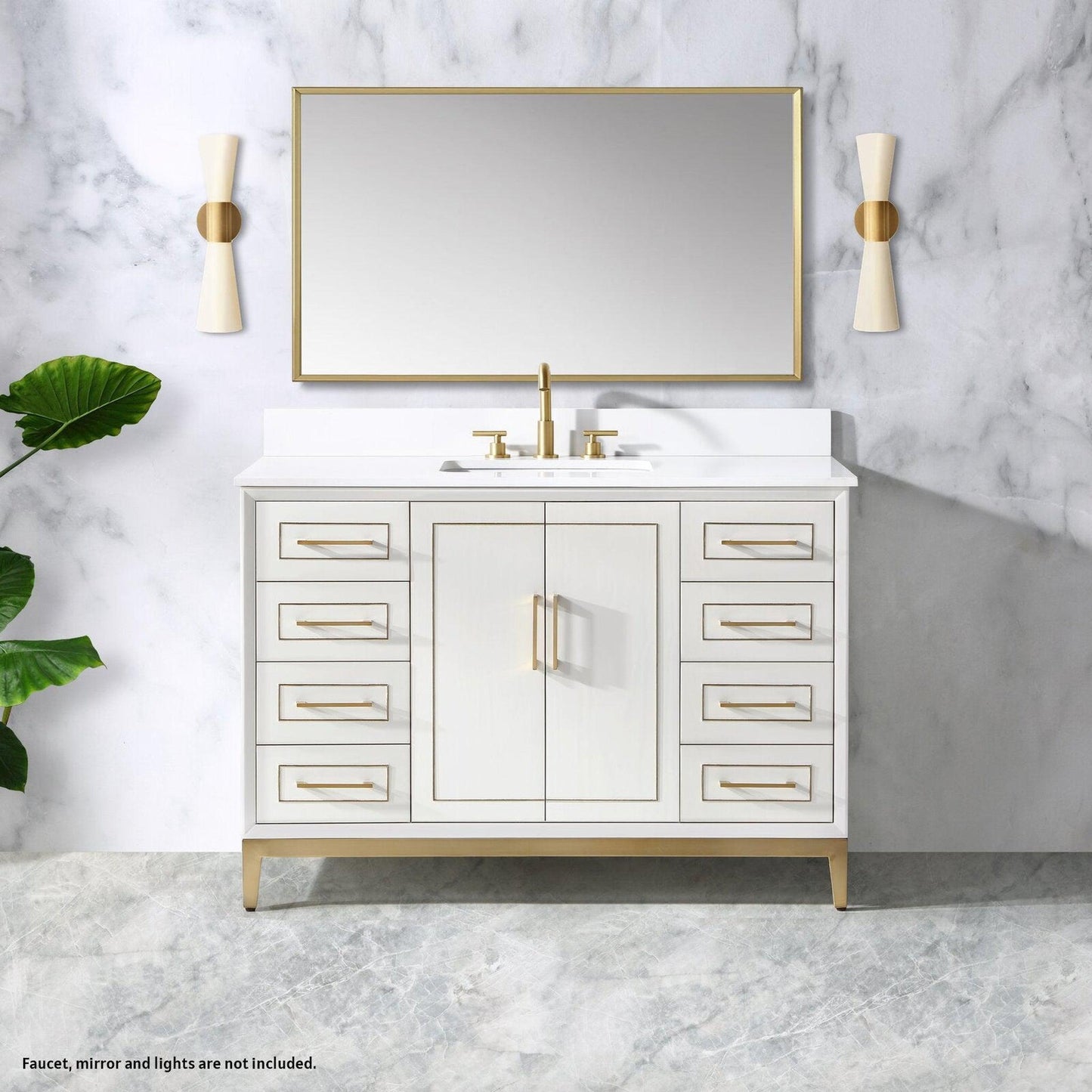 Bemma Design Gracie 48" Satin White Solid Wood Freestanding Bathroom Vanity With Single 3-Hole White Quartz Vanity Top, Rectangle Undermount Sink, Backsplash and Satin Brass Trim