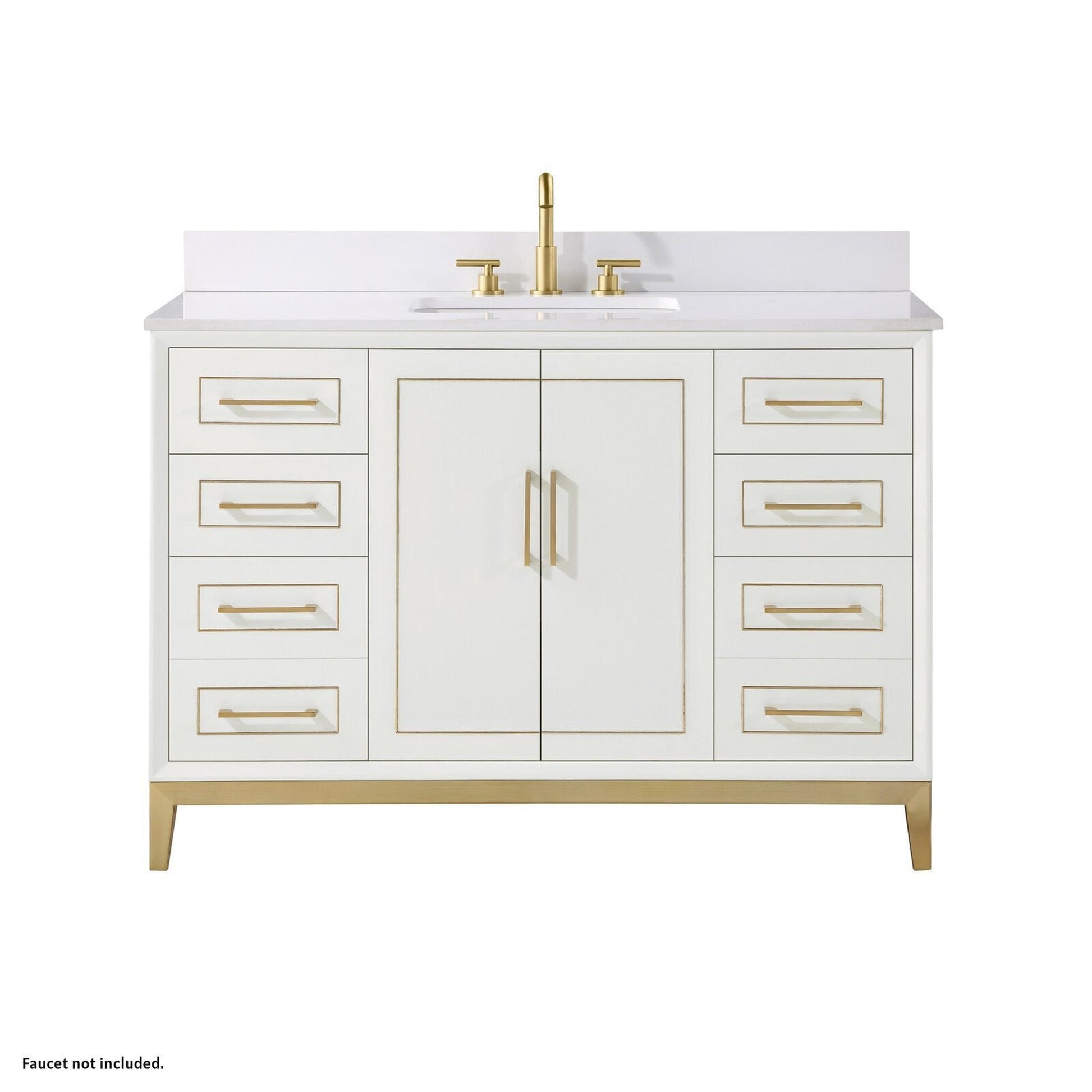 Bemma Design Gracie 48" Satin White Solid Wood Freestanding Bathroom Vanity With Single 3-Hole White Quartz Vanity Top, Rectangle Undermount Sink, Backsplash and Satin Brass Trim
