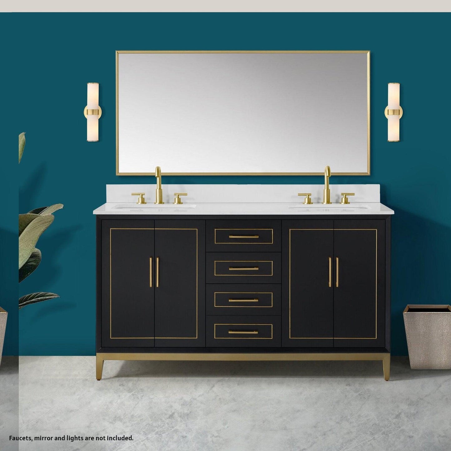 Bemma Design Gracie 60" Midnight Black Solid Wood Freestanding Bathroom Vanity With Double 3-Hole White Quartz Vanity Top, Rectangle Undermount Sink, Backsplash and Satin Brass Trim