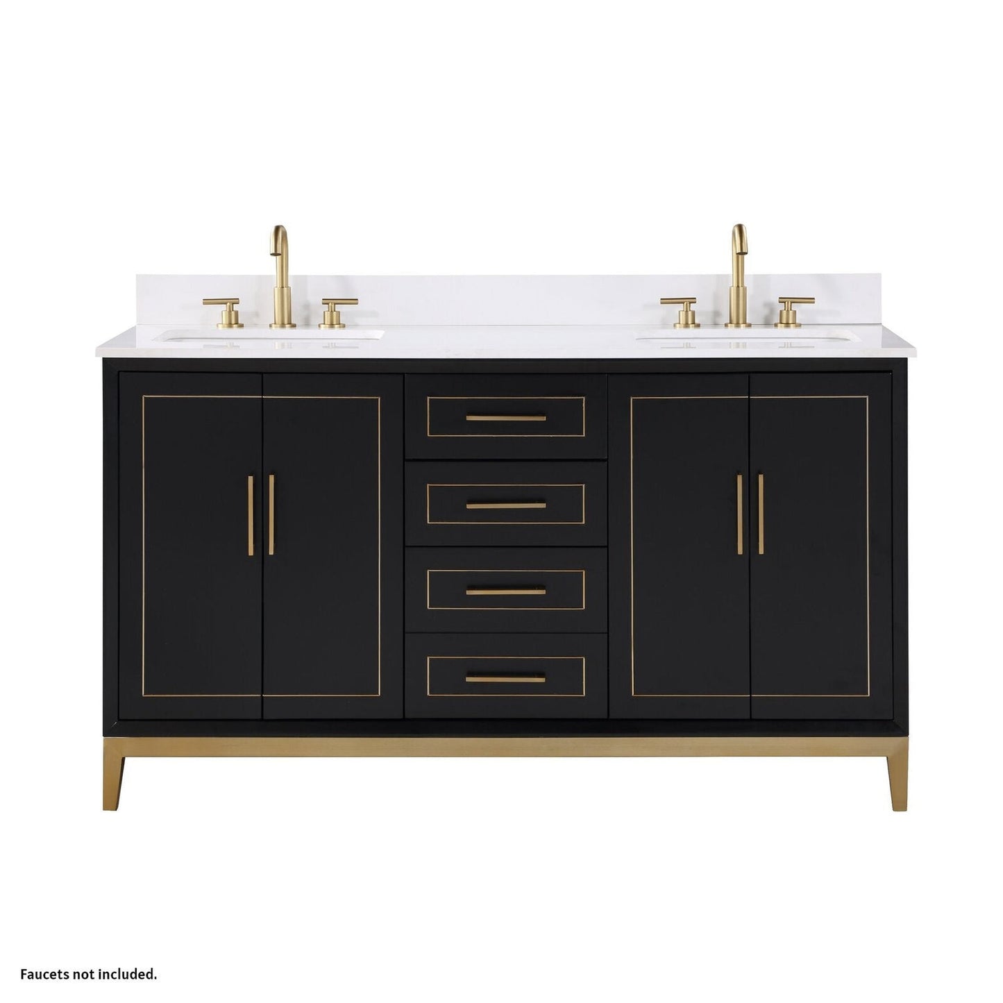 Bemma Design Gracie 60" Midnight Black Solid Wood Freestanding Bathroom Vanity With Double 3-Hole White Quartz Vanity Top, Rectangle Undermount Sink, Backsplash and Satin Brass Trim