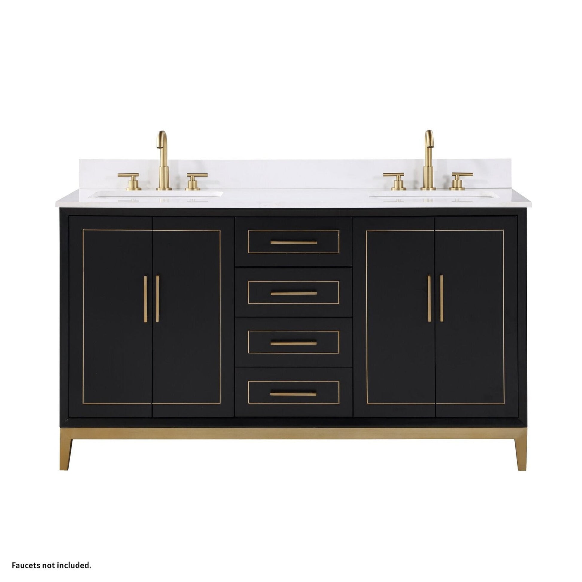 Bemma Design Gracie 60" Midnight Black Solid Wood Freestanding Bathroom Vanity With Double 3-Hole White Quartz Vanity Top, Rectangle Undermount Sink, Backsplash and Satin Brass Trim