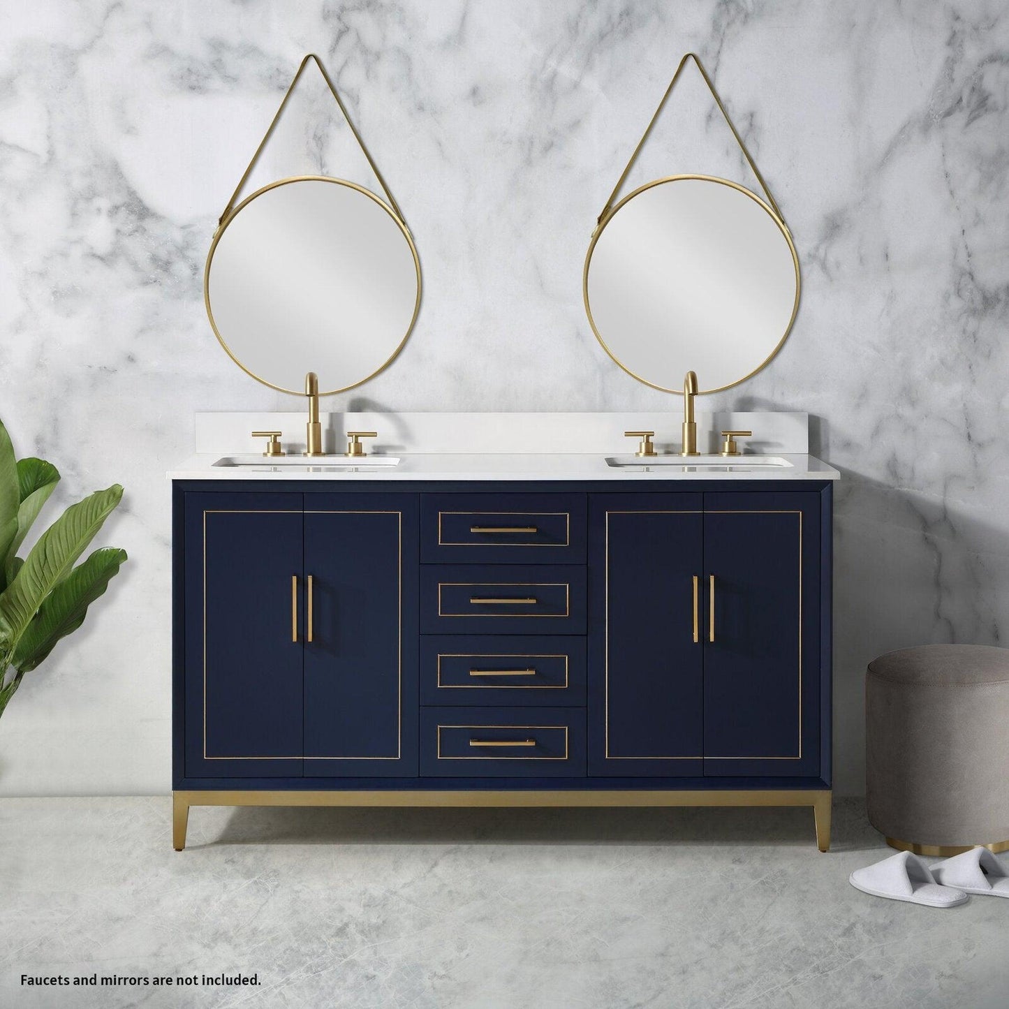 Bemma Design Gracie 60" Pacific Blue Solid Wood Freestanding Bathroom Vanity With Double 3-Hole White Quartz Vanity Top, Rectangle Undermount Sink, Backsplash and Satin Brass Trim