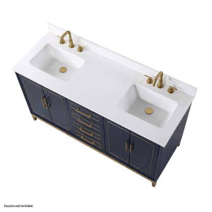 Bemma Design Gracie 60" Pacific Blue Solid Wood Freestanding Bathroom Vanity With Double 3-Hole White Quartz Vanity Top, Rectangle Undermount Sink, Backsplash and Satin Brass Trim