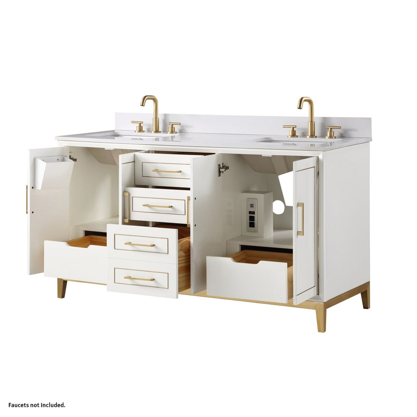 Bemma Design Gracie 60" Satin White Solid Wood Freestanding Bathroom Vanity With Double 3-Hole White Quartz Vanity Top, Rectangle Undermount Sink, Backsplash and Satin Brass Trim