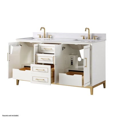 Bemma Design Gracie 60" Satin White Solid Wood Freestanding Bathroom Vanity With Double 3-Hole White Quartz Vanity Top, Rectangle Undermount Sink, Backsplash and Satin Brass Trim