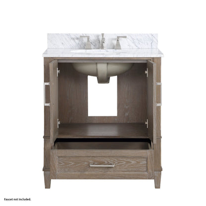 Bemma Design Montauk 30" Age Light Oak Solid Wood Freestanding Bathroom Vanity With Single 3-Hole Italian Carra Marble Vanity Top, Oval Undermount Sink, and Backsplash