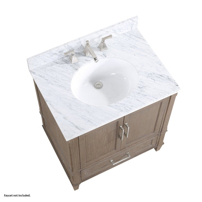 Bemma Design Montauk 30" Age Light Oak Solid Wood Freestanding Bathroom Vanity With Single 3-Hole Italian Carra Marble Vanity Top, Oval Undermount Sink, and Backsplash