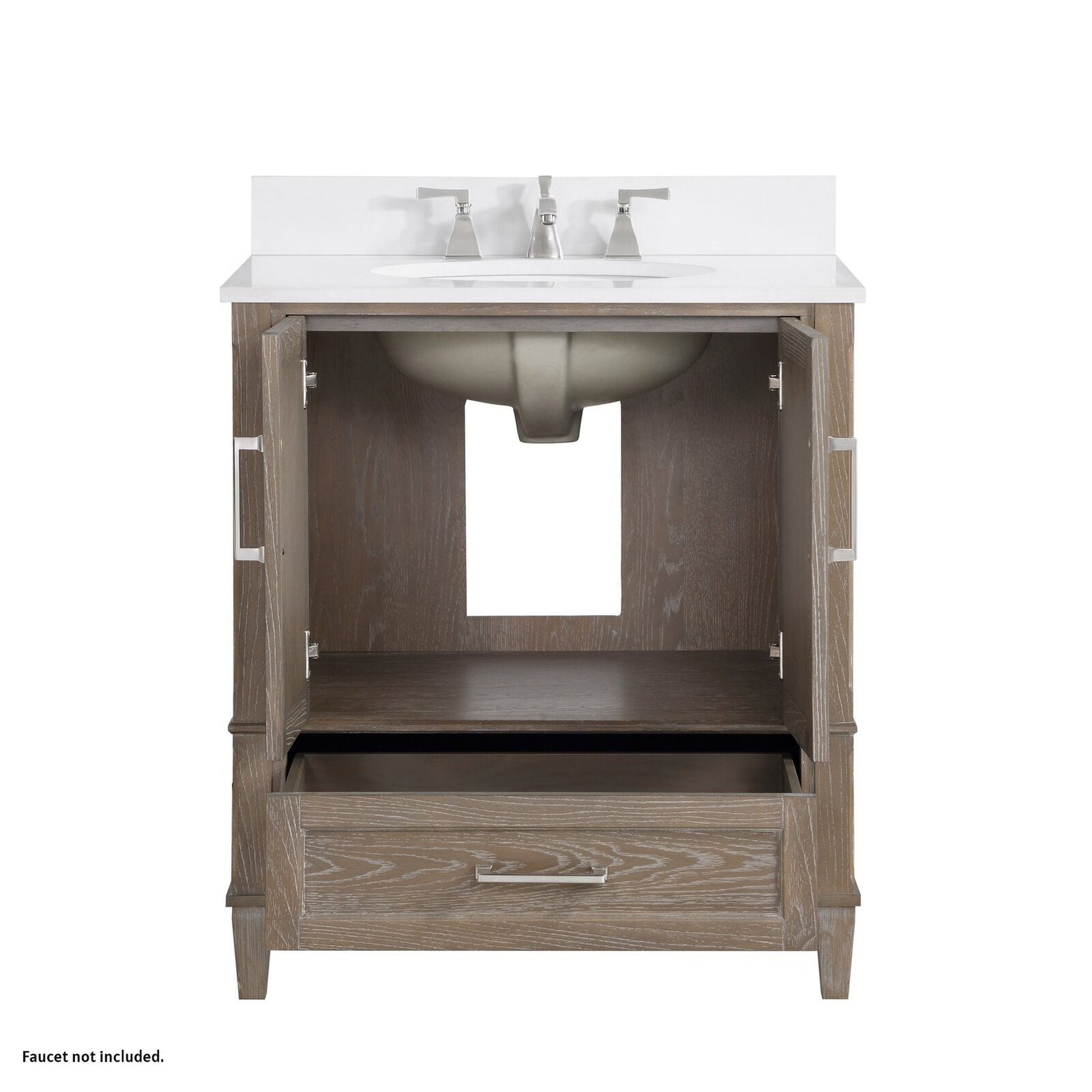 Bemma Design Montauk 30" Age Light Oak Solid Wood Freestanding Bathroom Vanity With Single 3-Hole White Quartz Vanity Top, Oval Undermount Sink, and Backsplash