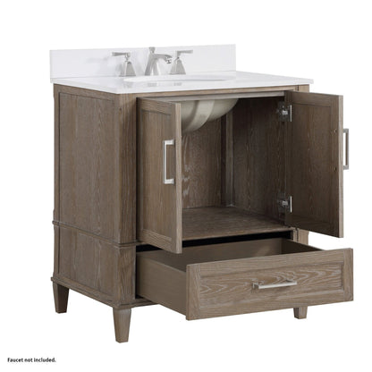 Bemma Design Montauk 30" Age Light Oak Solid Wood Freestanding Bathroom Vanity With Single 3-Hole White Quartz Vanity Top, Oval Undermount Sink, and Backsplash