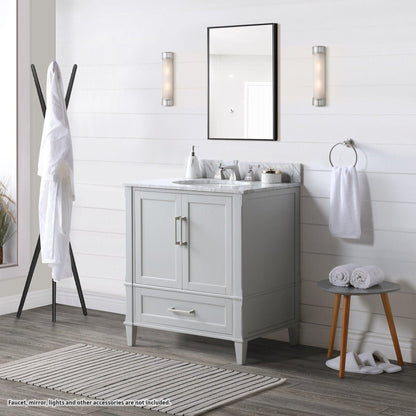 Bemma Design Montauk 30" Morning Fog Gray Solid Wood Freestanding Bathroom Vanity With Single 3-Hole Italian Carra Marble Vanity Top, Oval Undermount Sink, and Backsplash