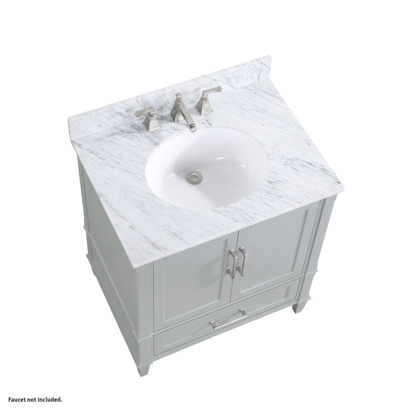 Bemma Design Montauk 30" Morning Fog Gray Solid Wood Freestanding Bathroom Vanity With Single 3-Hole Italian Carra Marble Vanity Top, Oval Undermount Sink, and Backsplash