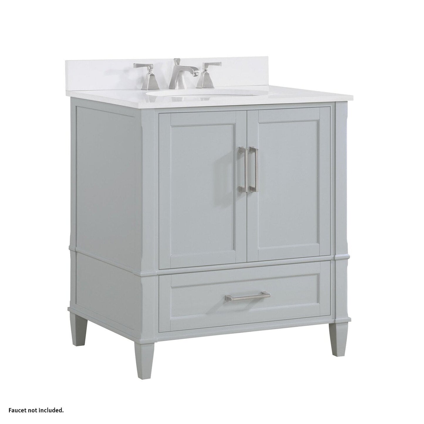 Bemma Design Montauk 30" Morning Fog Gray Solid Wood Freestanding Bathroom Vanity With Single 3-Hole White Quartz Vanity Top, Oval Undermount Sink, and Backsplash