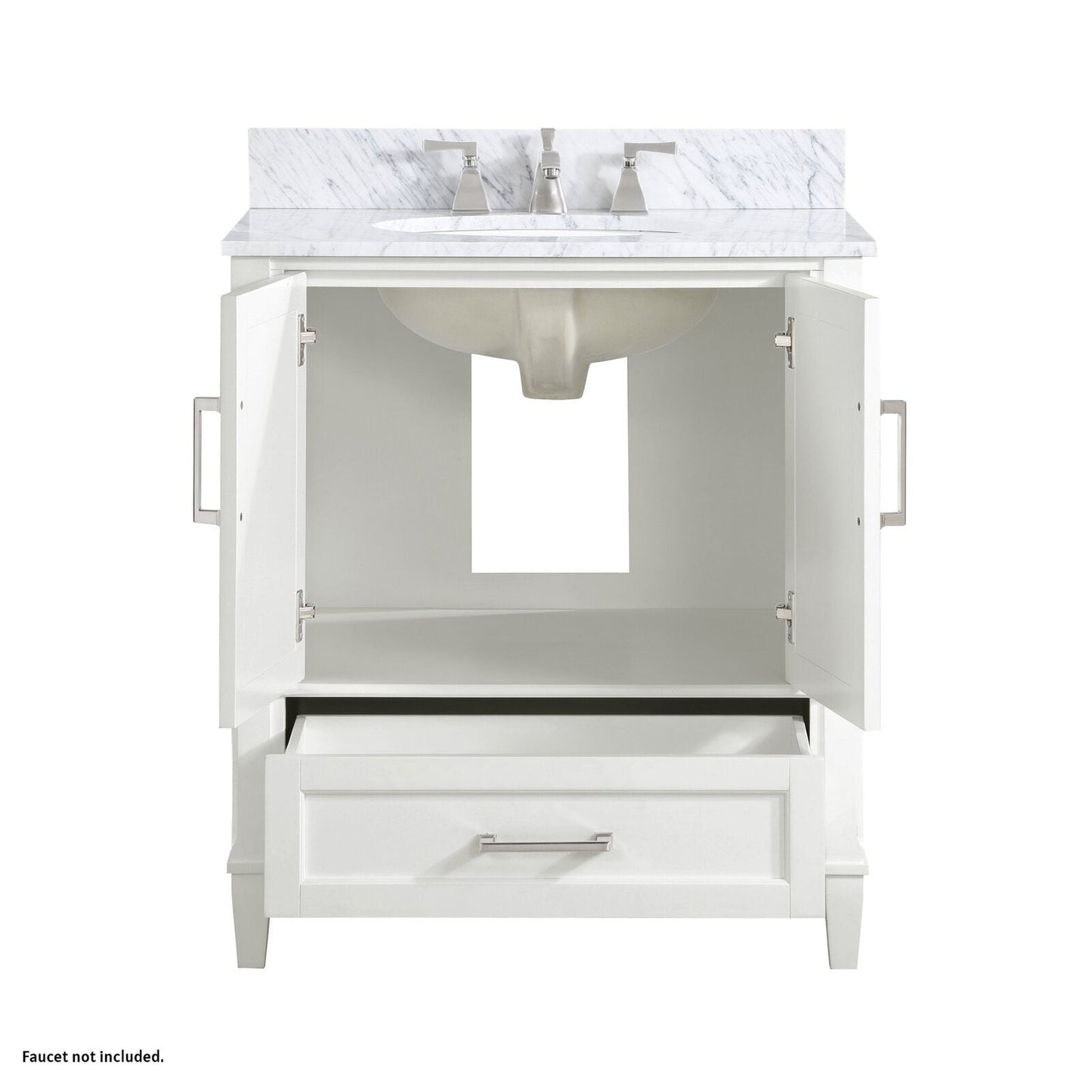 Bemma Design Montauk 30" Pure White Solid Wood Freestanding Bathroom Vanity With Single 3-Hole Italian Carra Marble Vanity Top, Oval Undermount Sink, and Backsplash