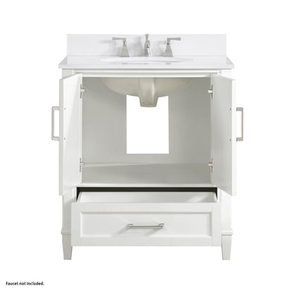 Bemma Design Montauk 30" Pure White Solid Wood Freestanding Bathroom Vanity With Single 3-Hole White Quartz Vanity Top, Oval Undermount Sink, and Backsplash