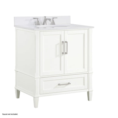 Bemma Design Montauk 30" Pure White Solid Wood Freestanding Bathroom Vanity With Single 3-Hole White Quartz Vanity Top, Oval Undermount Sink, and Backsplash