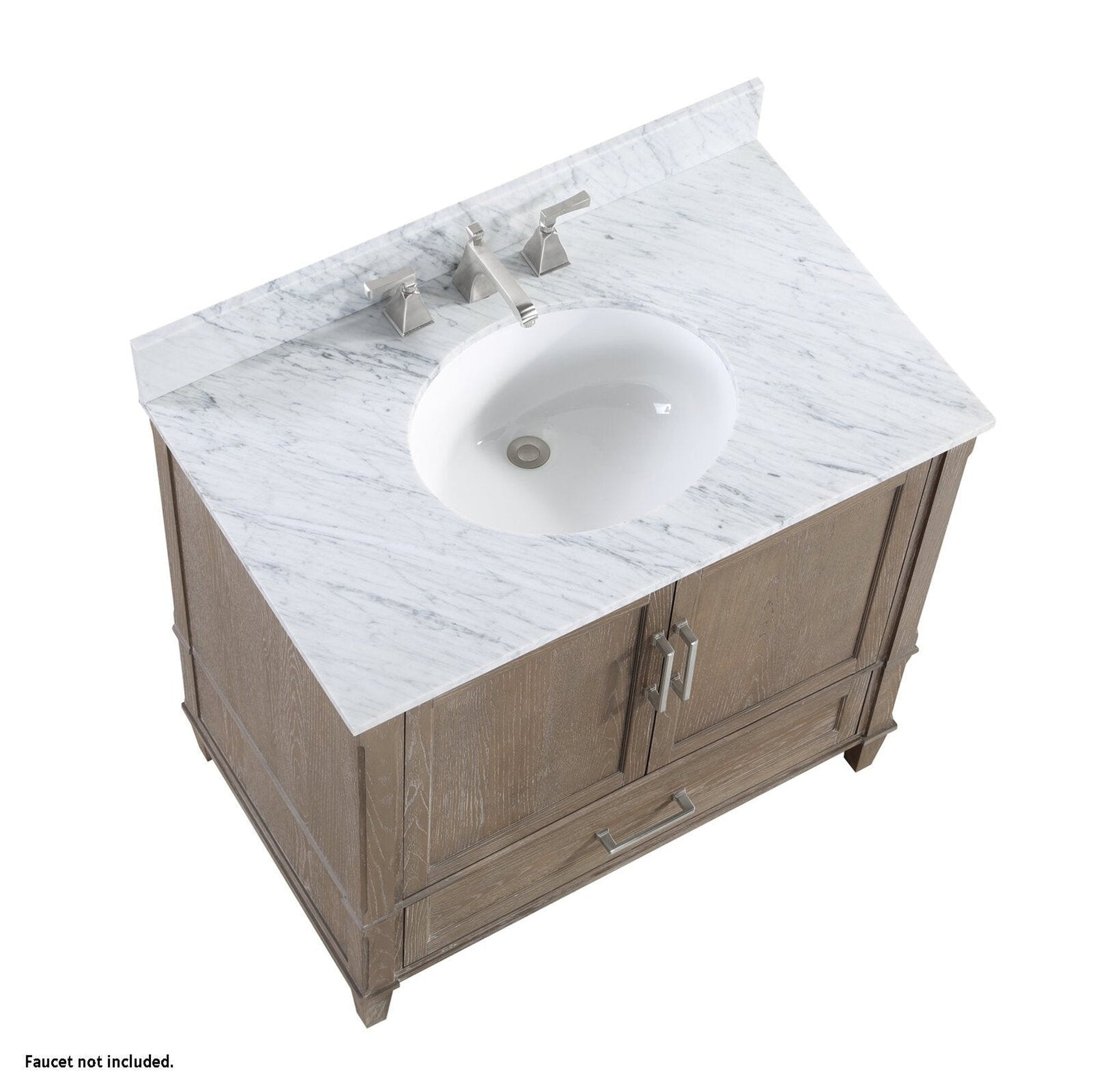 Bemma Design Montauk 36" Age Light Oak Solid Wood Freestanding Bathroom Vanity With Single 3-Hole Italian Carra Marble Vanity Top, Oval Undermount Sink, and Backsplash