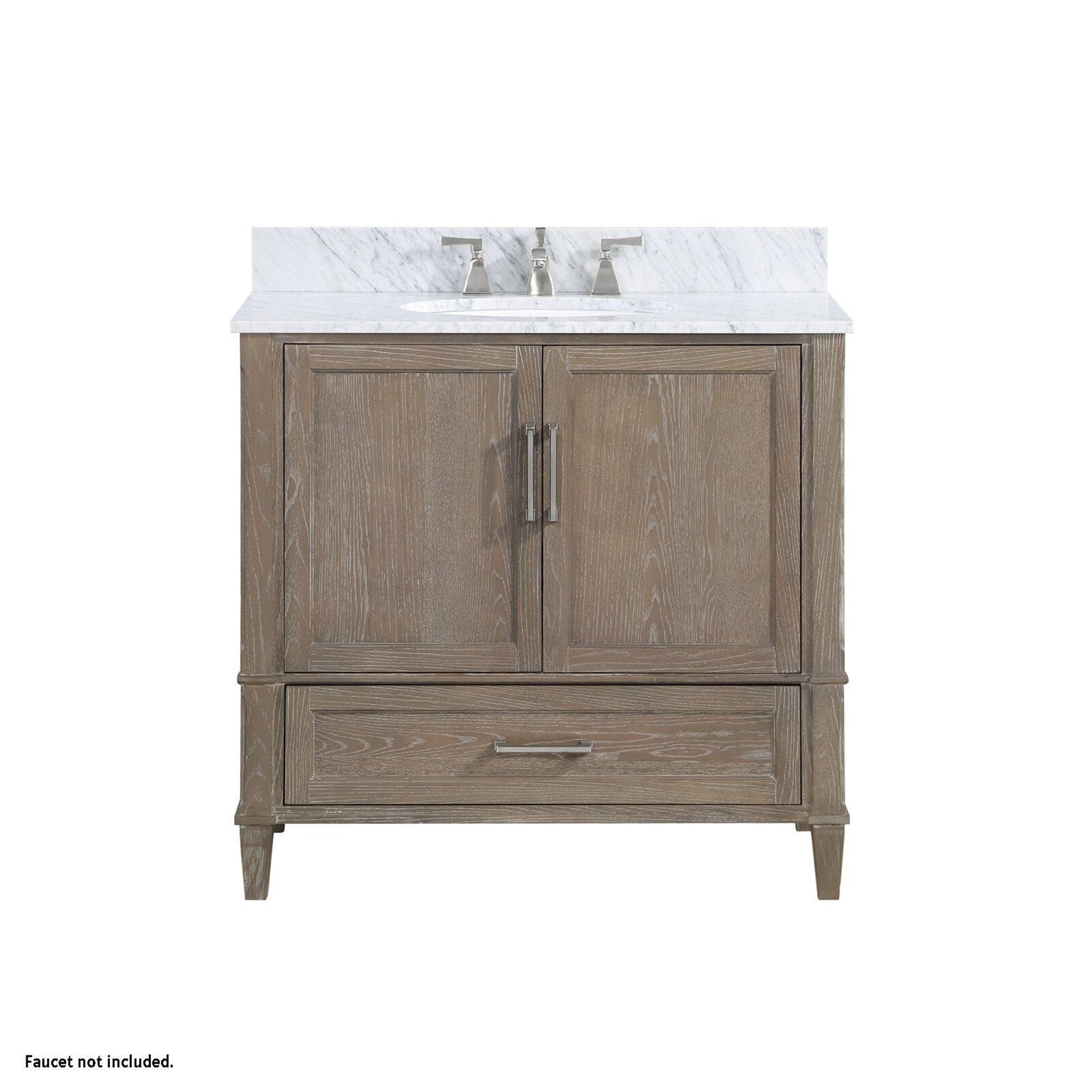 Bemma Design Montauk 36" Age Light Oak Solid Wood Freestanding Bathroom Vanity With Single 3-Hole Italian Carra Marble Vanity Top, Oval Undermount Sink, and Backsplash