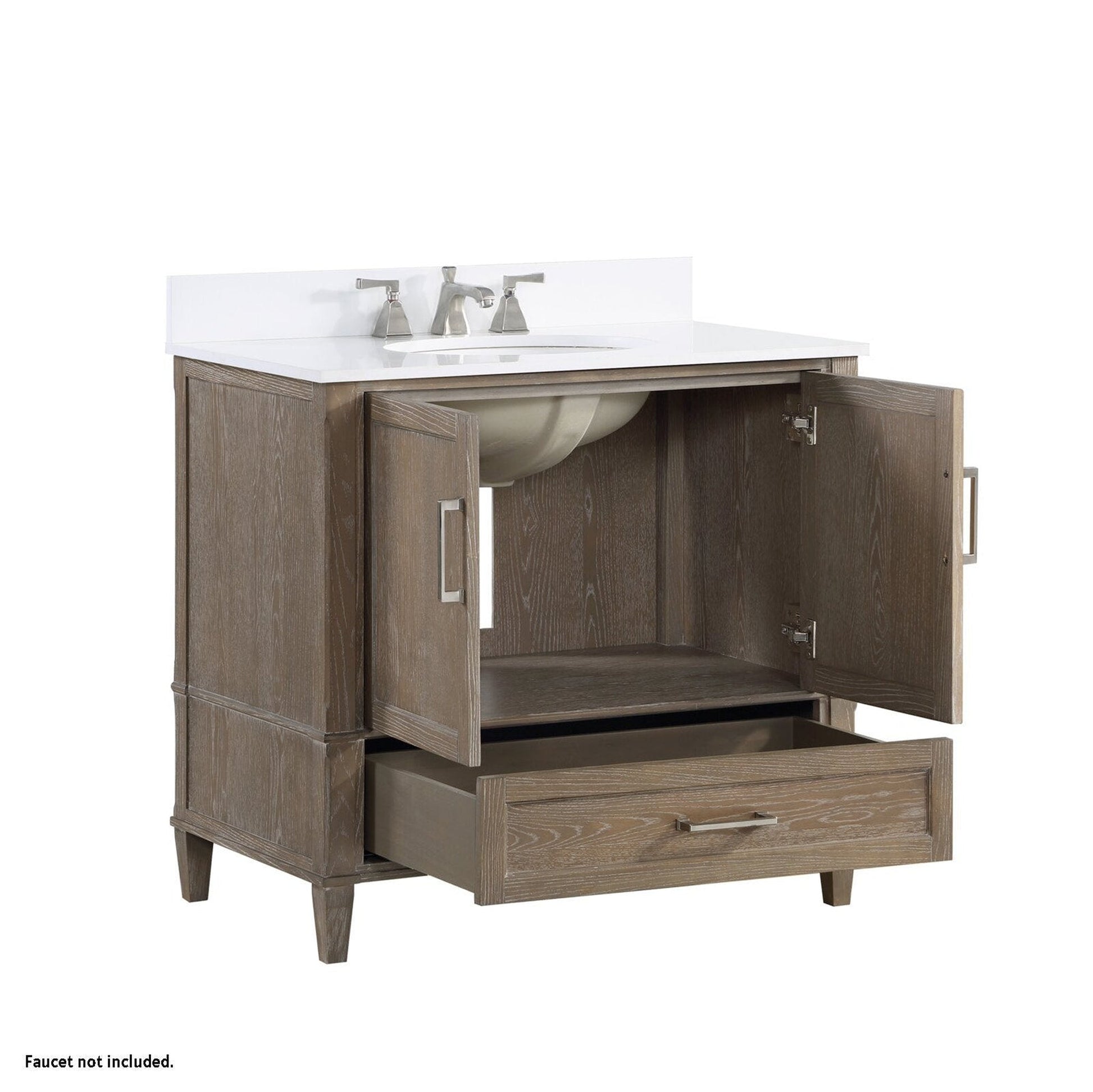 Bemma Design Montauk 36" Age Light Oak Solid Wood Freestanding Bathroom Vanity With Single 3-Hole White Quartz Vanity Top, Oval Undermount Sink, and Backsplash