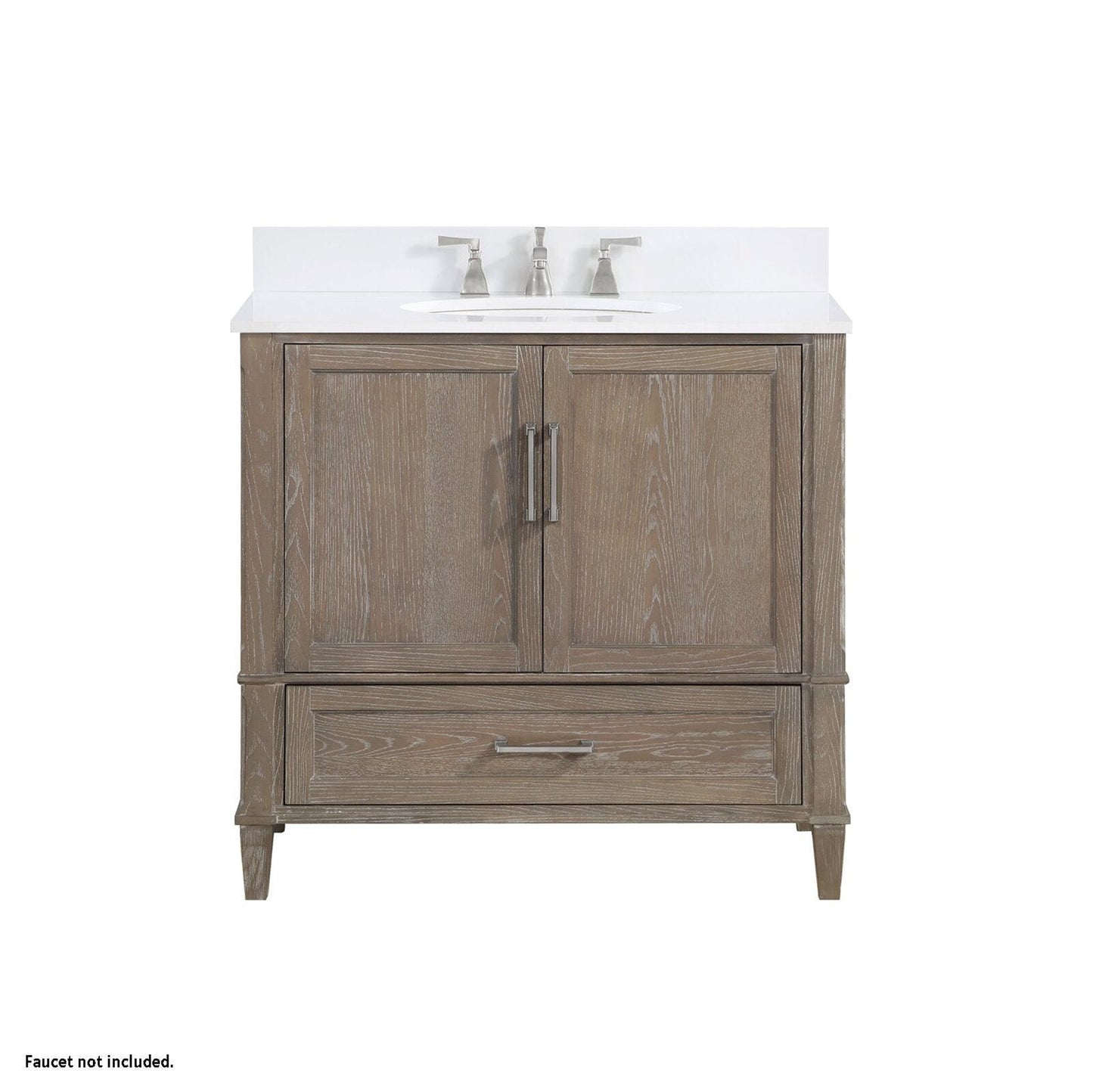 Bemma Design Montauk 36" Age Light Oak Solid Wood Freestanding Bathroom Vanity With Single 3-Hole White Quartz Vanity Top, Oval Undermount Sink, and Backsplash