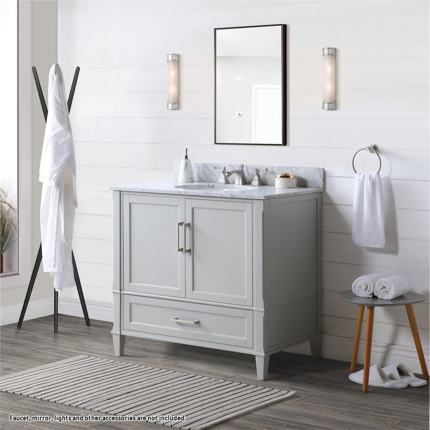 Bemma Design Montauk 36" Morning Fog Gray Solid Wood Freestanding Bathroom Vanity With Single 3-Hole Italian Carra Marble Vanity Top, Oval Undermount Sink, and Backsplash