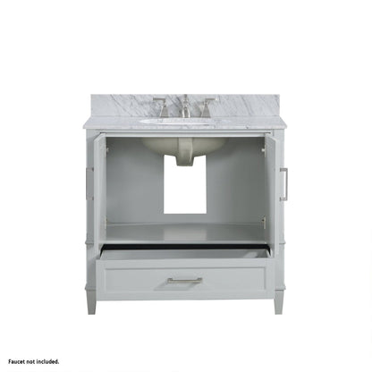 Bemma Design Montauk 36" Morning Fog Gray Solid Wood Freestanding Bathroom Vanity With Single 3-Hole Italian Carra Marble Vanity Top, Oval Undermount Sink, and Backsplash