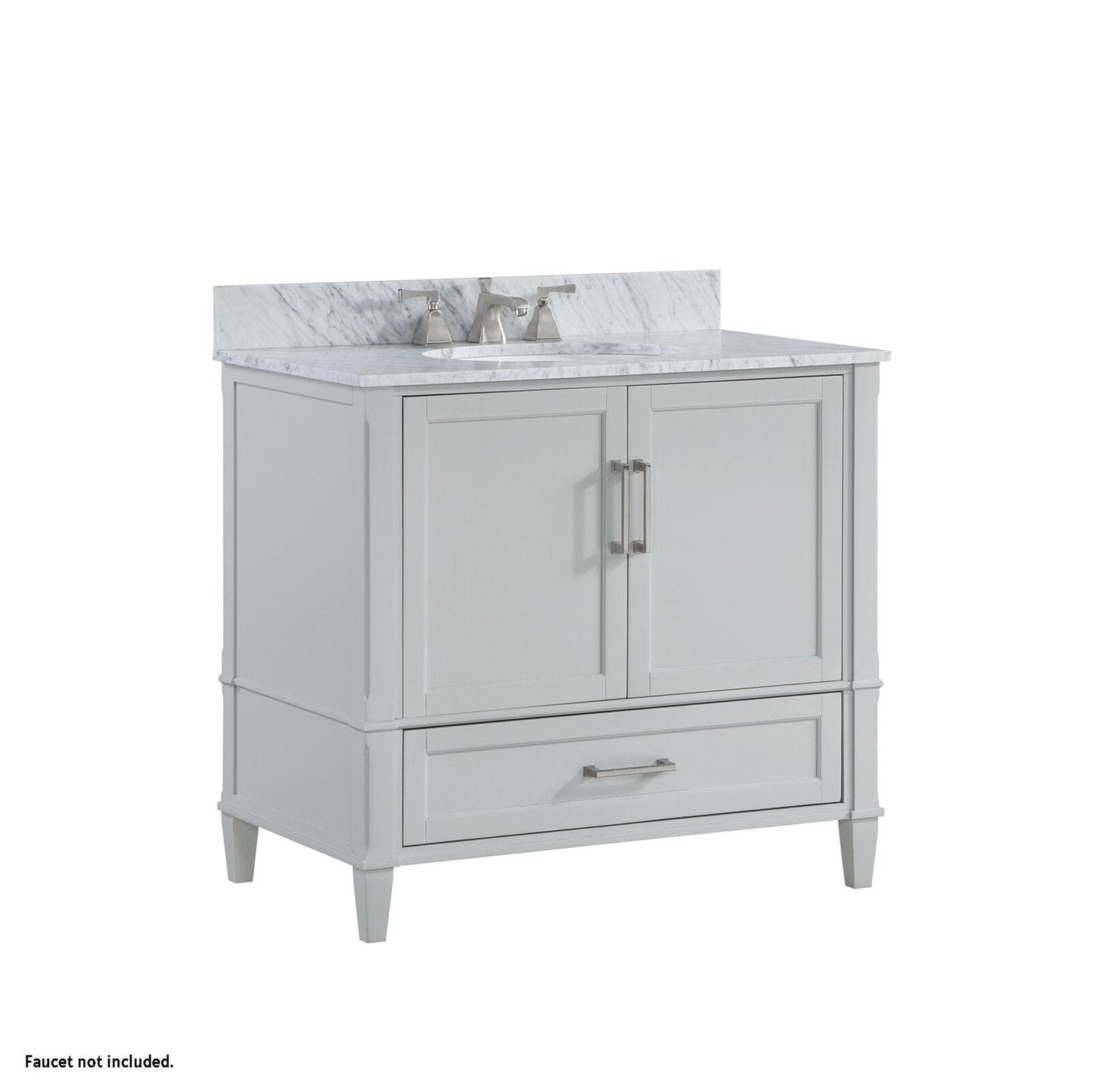 Bemma Design Montauk 36" Morning Fog Gray Solid Wood Freestanding Bathroom Vanity With Single 3-Hole Italian Carra Marble Vanity Top, Oval Undermount Sink, and Backsplash