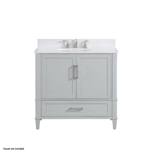 Bemma Design Montauk 36" Morning Fog Gray Solid Wood Freestanding Bathroom Vanity With Single 3-Hole White Quartz Vanity Top, Oval Undermount Sink, and Backsplash
