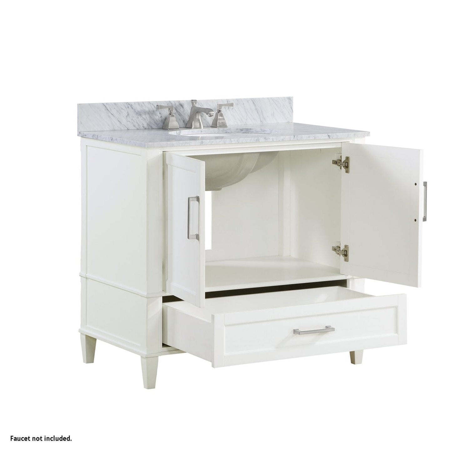 Bemma Design Montauk 36" Pure White Solid Wood Freestanding Bathroom Vanity With Single 3-Hole Italian Carra Marble Vanity Top, Oval Undermount Sink, and Backsplash