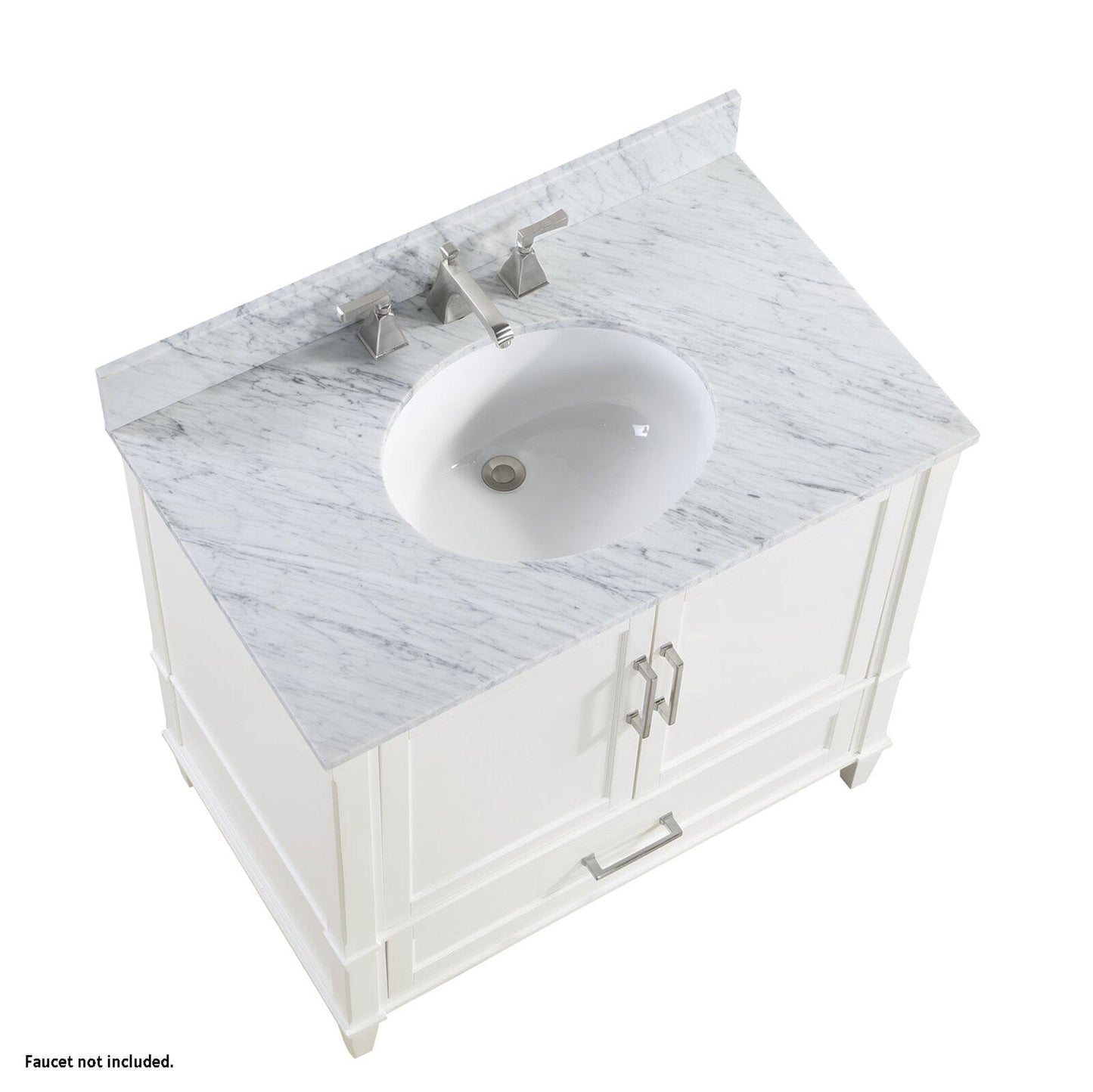 Bemma Design Montauk 36" Pure White Solid Wood Freestanding Bathroom Vanity With Single 3-Hole Italian Carra Marble Vanity Top, Oval Undermount Sink, and Backsplash
