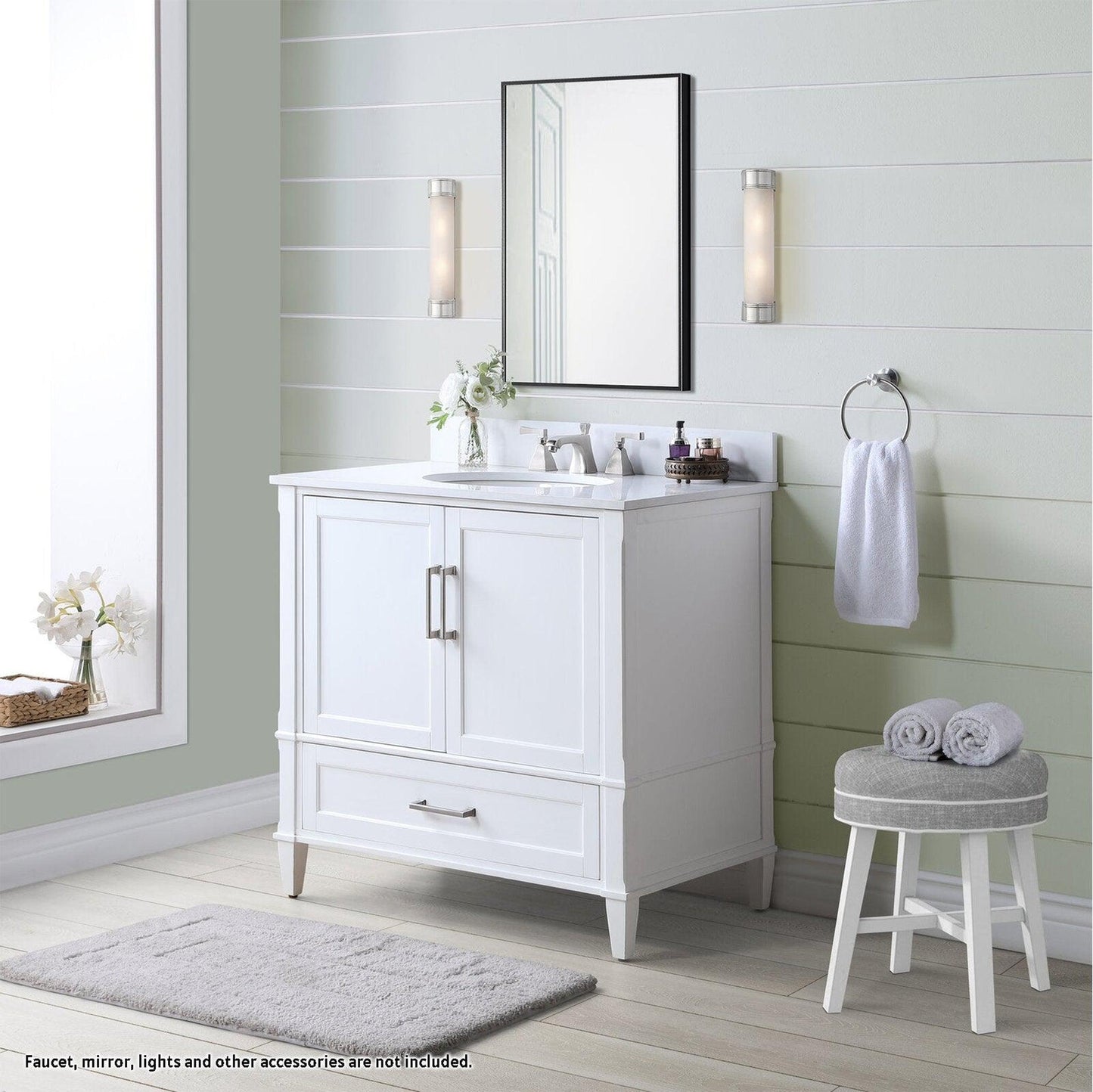 Bemma Design Montauk 36" Pure White Solid Wood Freestanding Bathroom Vanity With Single 3-Hole White Quartz Vanity Top, Oval Undermount Sink, and Backsplash