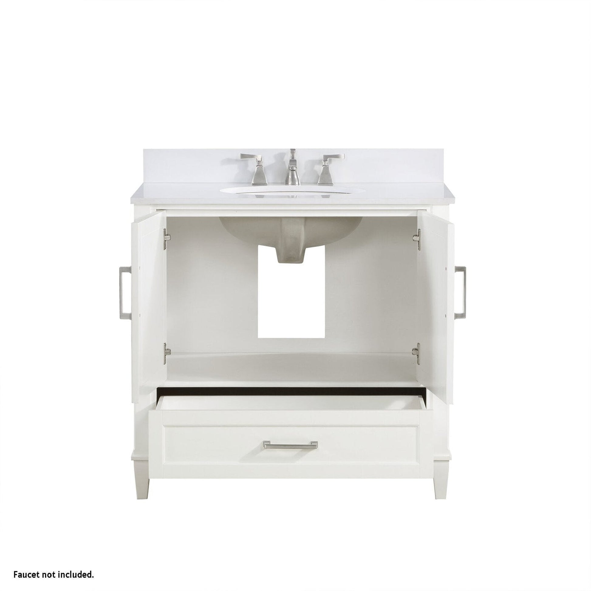 Bemma Design Montauk 36" Pure White Solid Wood Freestanding Bathroom Vanity With Single 3-Hole White Quartz Vanity Top, Oval Undermount Sink, and Backsplash