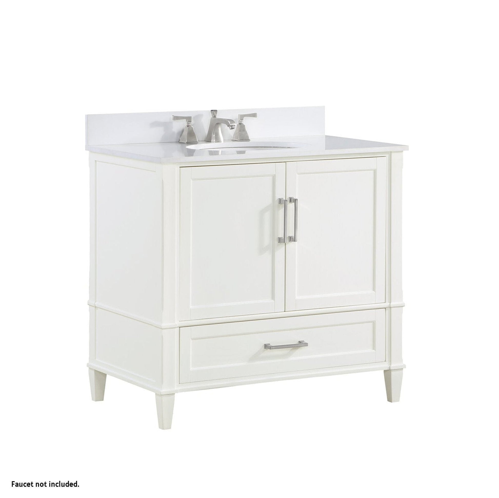 Bemma Design Montauk 36" Pure White Solid Wood Freestanding Bathroom Vanity With Single 3-Hole White Quartz Vanity Top, Oval Undermount Sink, and Backsplash