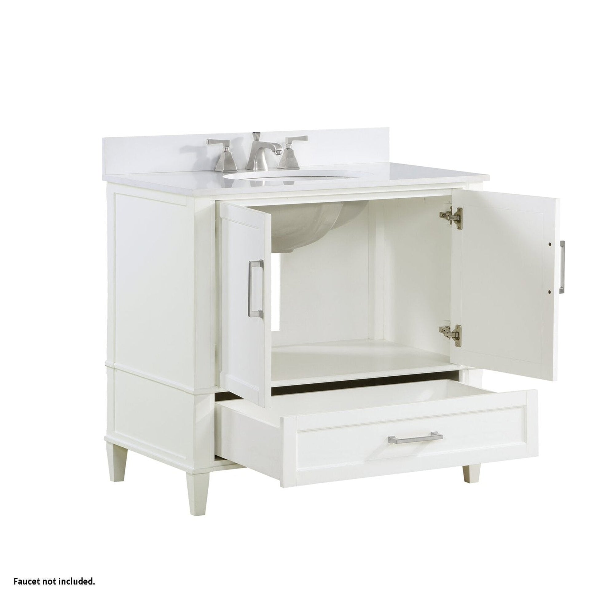 Bemma Design Montauk 36" Pure White Solid Wood Freestanding Bathroom Vanity With Single 3-Hole White Quartz Vanity Top, Oval Undermount Sink, and Backsplash