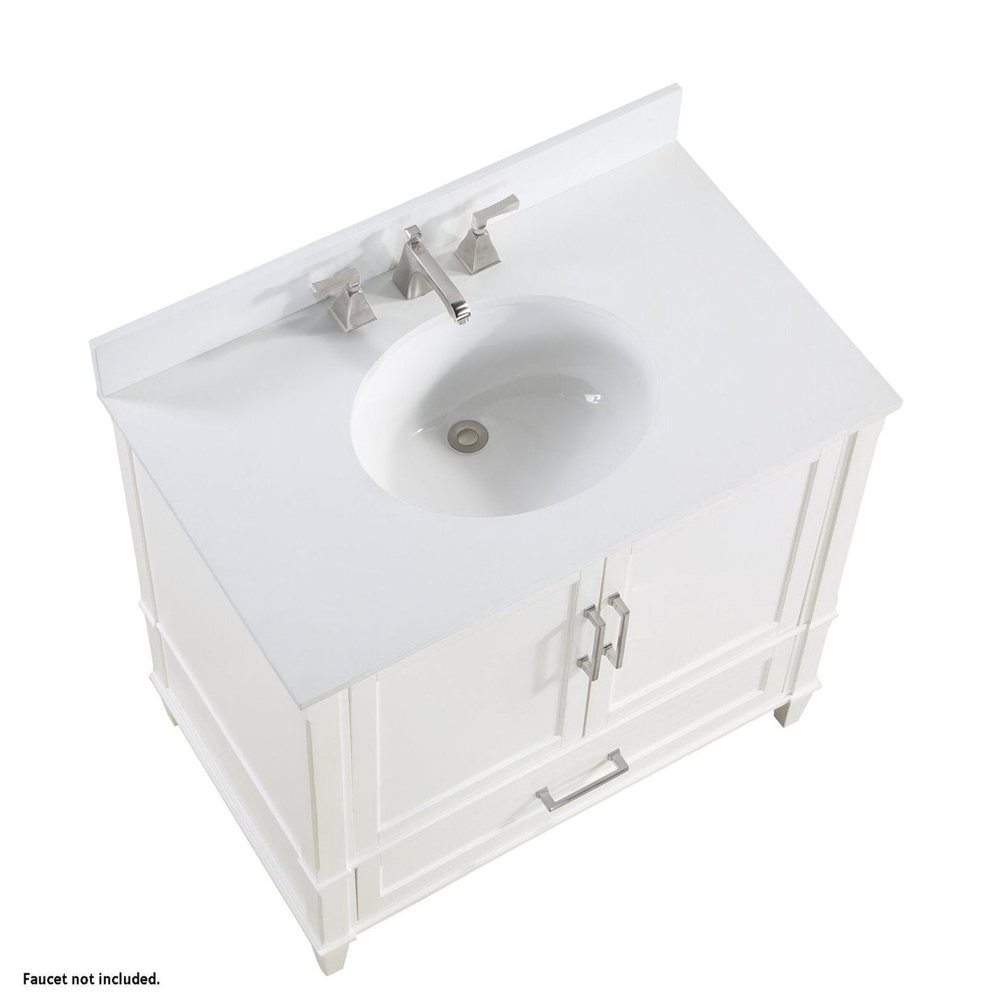 Bemma Design Montauk 36" Pure White Solid Wood Freestanding Bathroom Vanity With Single 3-Hole White Quartz Vanity Top, Oval Undermount Sink, and Backsplash