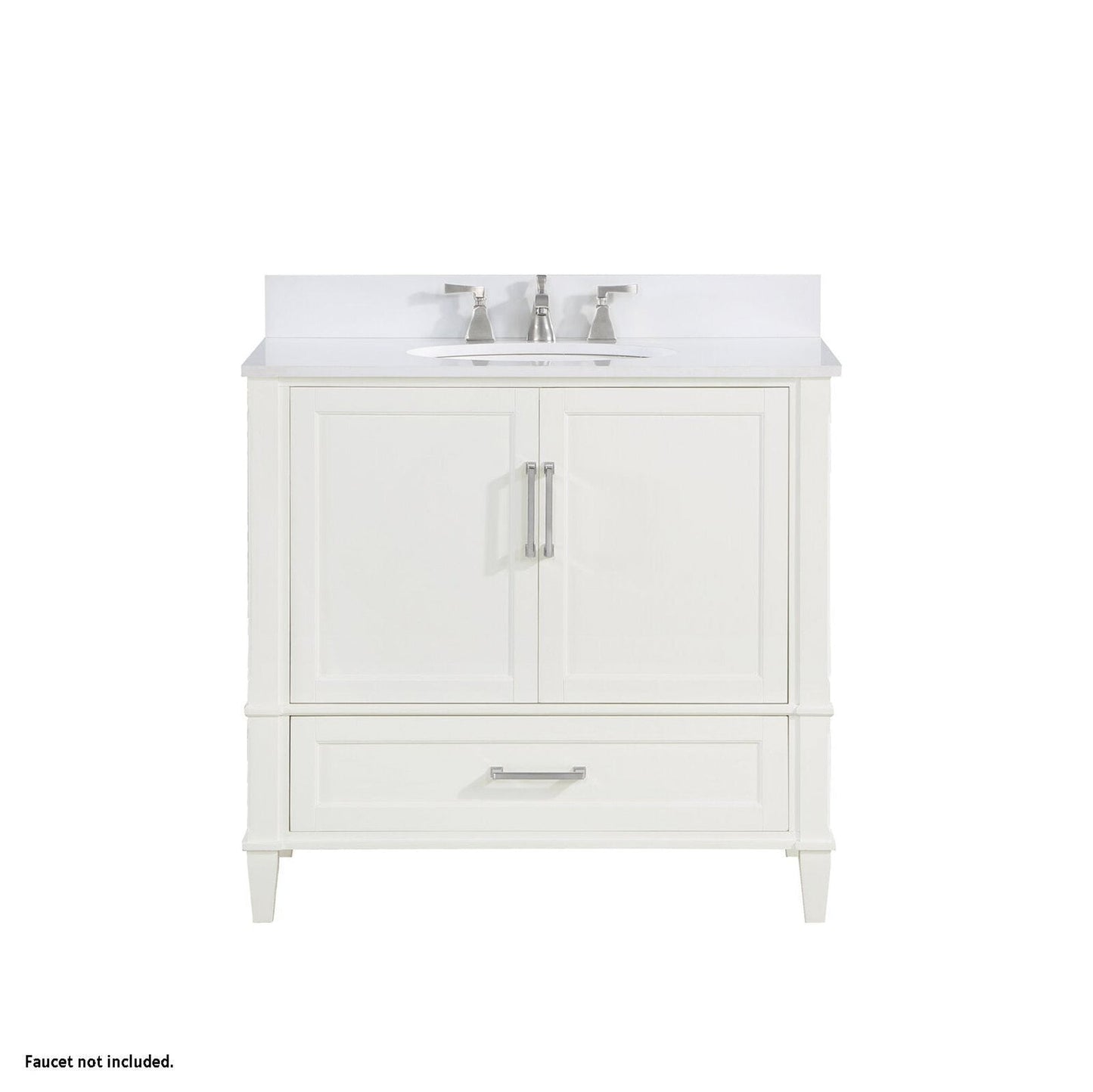 Bemma Design Montauk 36" Pure White Solid Wood Freestanding Bathroom Vanity With Single 3-Hole White Quartz Vanity Top, Oval Undermount Sink, and Backsplash