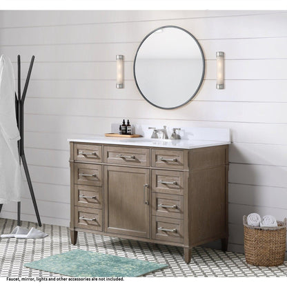 Bemma Design Montauk 48" Age Light Oak Solid Wood Freestanding Bathroom Vanity With Single 3-Hole White Quartz Vanity Top, Oval Undermount Sink, and Backsplash