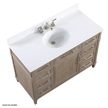 Bemma Design Montauk 48" Age Light Oak Solid Wood Freestanding Bathroom Vanity With Single 3-Hole White Quartz Vanity Top, Oval Undermount Sink, and Backsplash