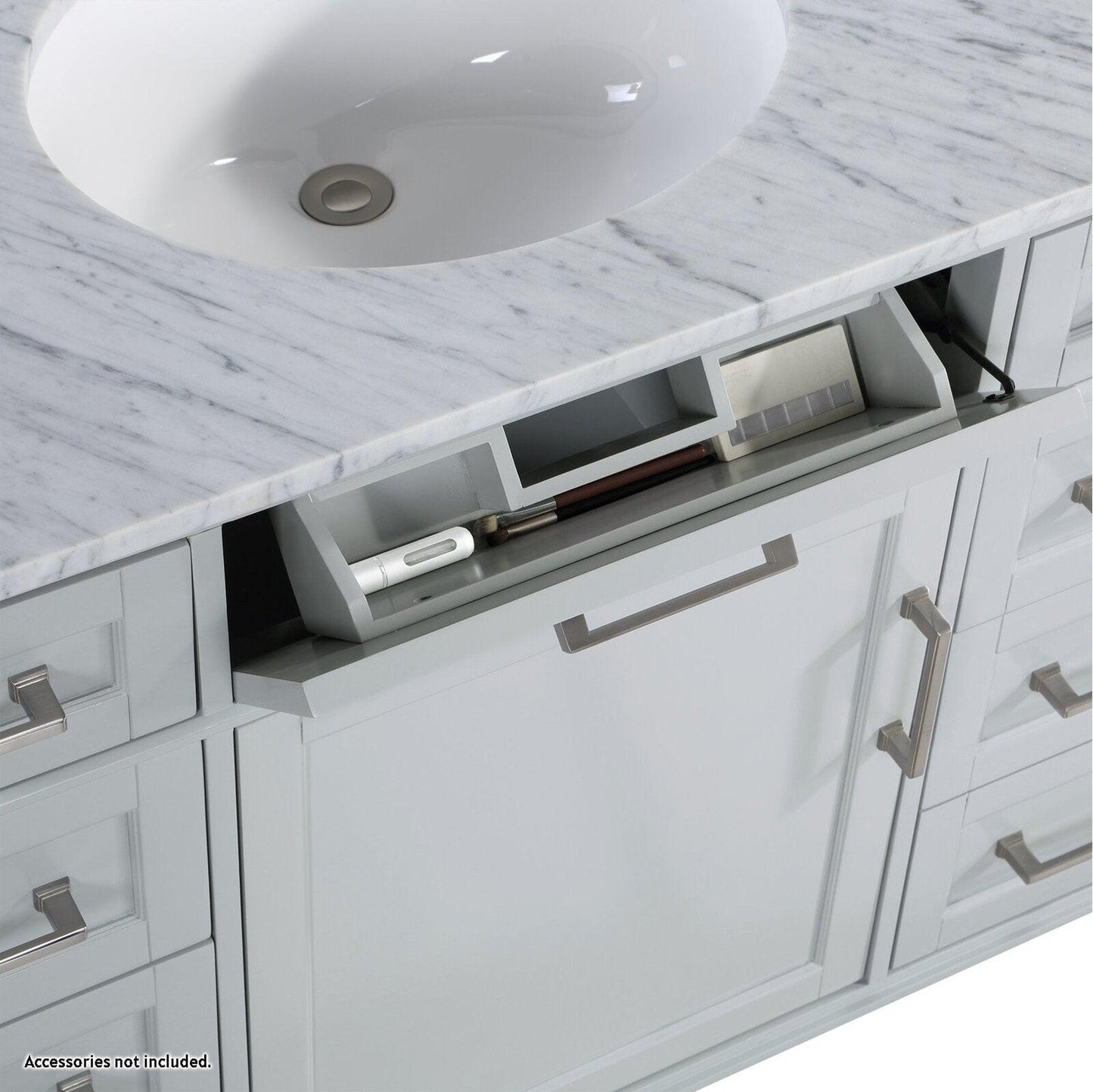 Bemma Design Montauk 48" Morning Fog Gray Solid Wood Freestanding Bathroom Vanity With Single 3-Hole Italian Carra Marble Vanity Top, Oval Undermount Sink, and Backsplash
