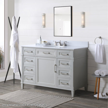Bemma Design Montauk 48" Morning Fog Gray Solid Wood Freestanding Bathroom Vanity With Single 3-Hole White Quartz Vanity Top, Oval Undermount Sink, and Backsplash