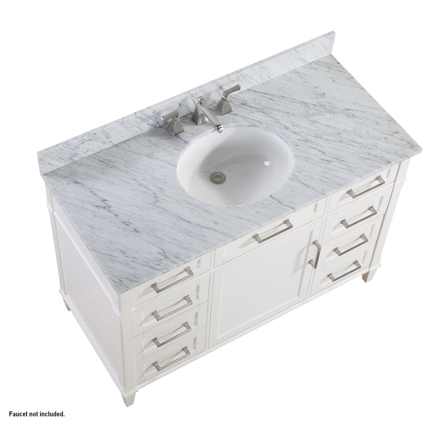 Bemma Design Montauk 48" Pure White Solid Wood Freestanding Bathroom Vanity With Single 3-Hole Italian Carra Marble Vanity Top, Oval Undermount Sink, and Backsplash