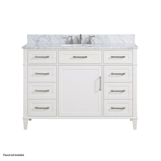 Bemma Design Montauk 48" Pure White Solid Wood Freestanding Bathroom Vanity With Single 3-Hole Italian Carra Marble Vanity Top, Oval Undermount Sink, and Backsplash