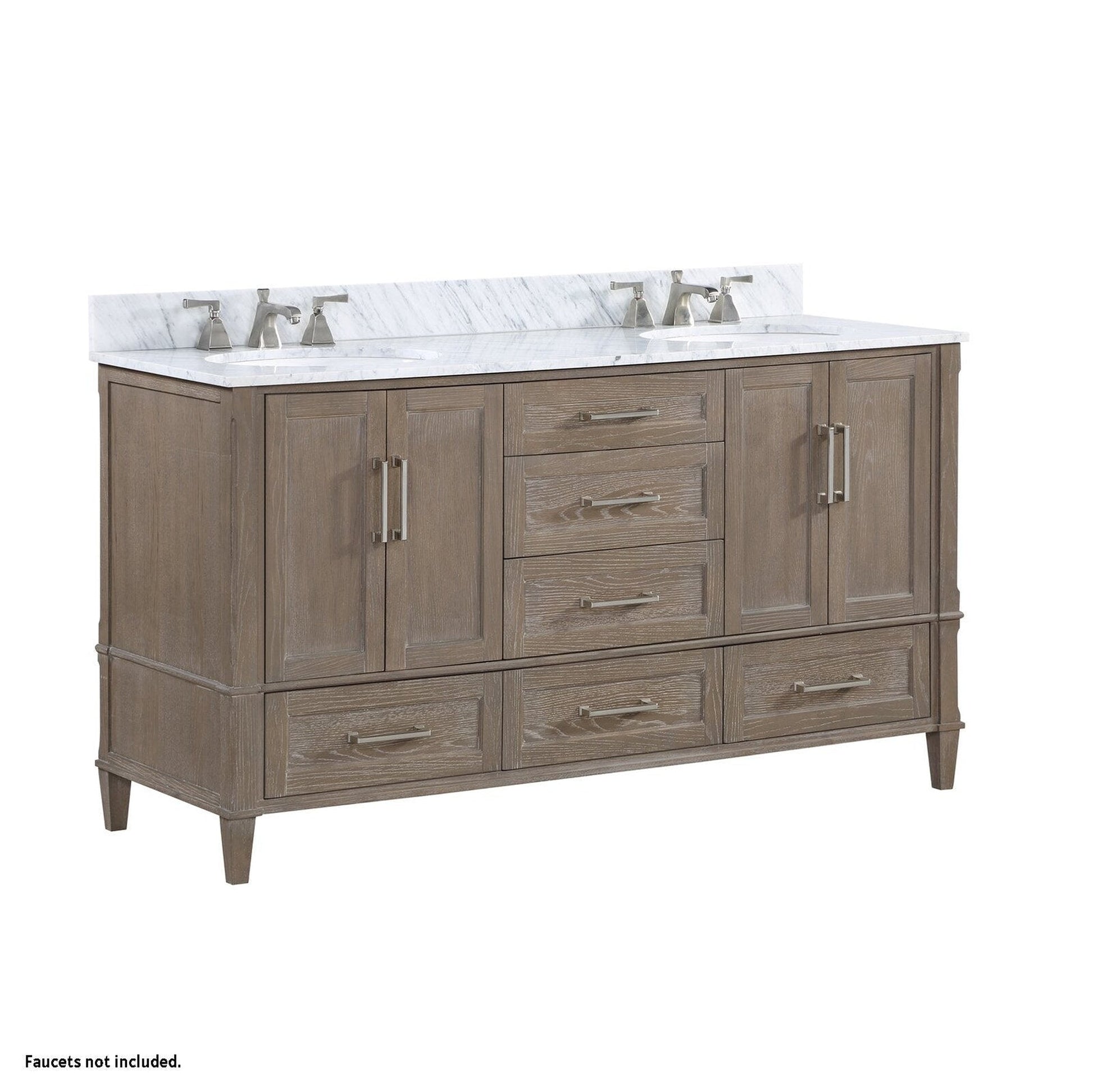 Bemma Design Montauk 60" Age Light Oak Solid Wood Freestanding Bathroom Vanity With Double 3-Hole Italian Carra Marble Vanity Top, Oval Undermount Sink, and Backsplash