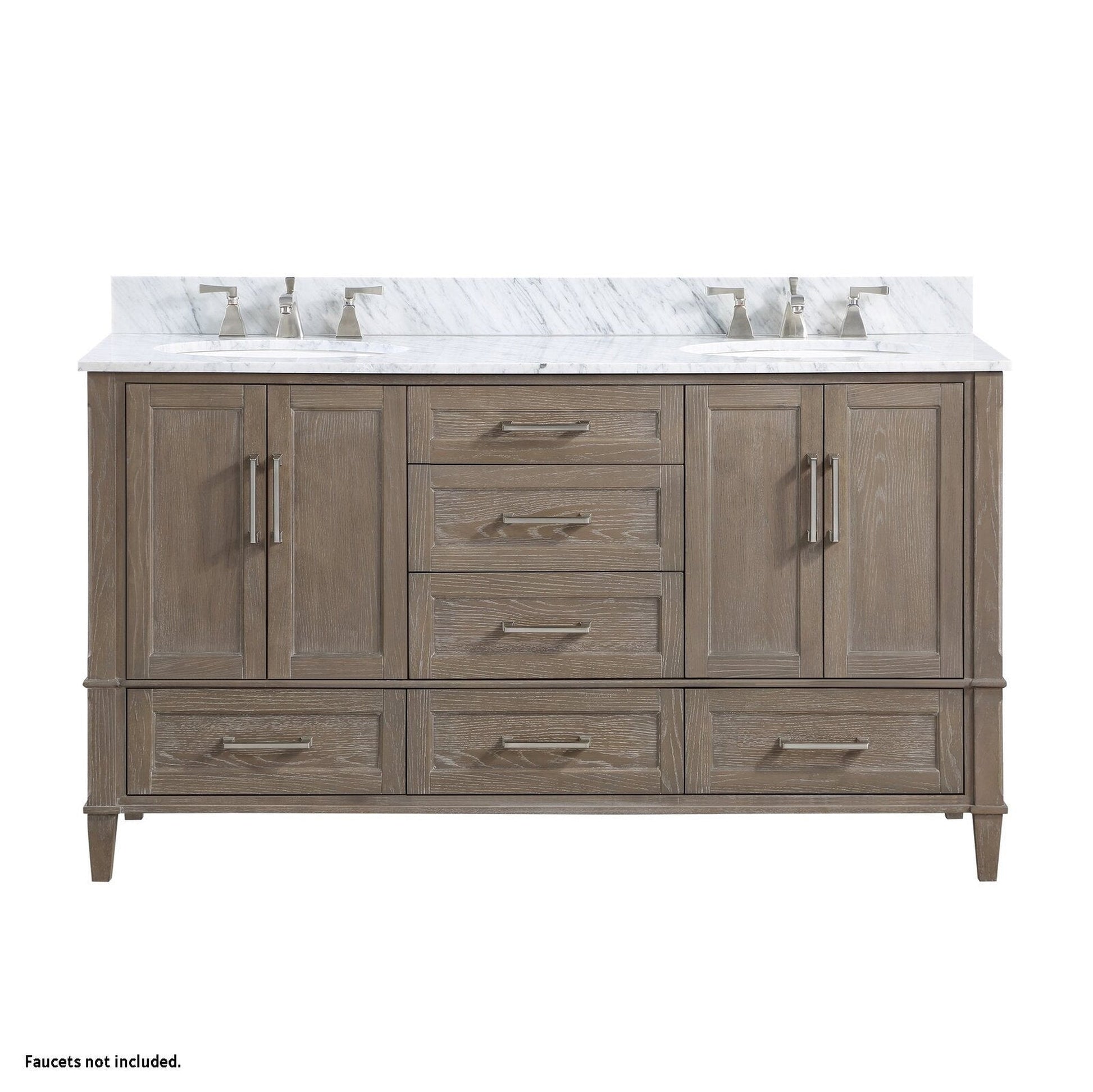 Bemma Design Montauk 60" Age Light Oak Solid Wood Freestanding Bathroom Vanity With Double 3-Hole Italian Carra Marble Vanity Top, Oval Undermount Sink, and Backsplash